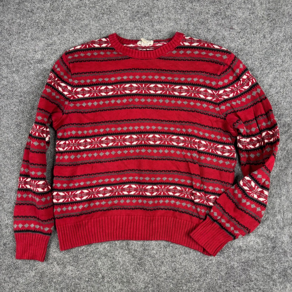 Dockers Sweater Mens Size L Red Fair Isle Cotton Knit Crewneck Long Sleeve